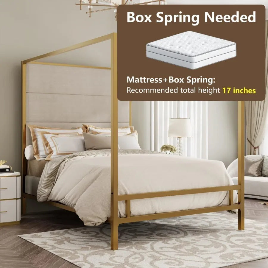 Gold Canopy Bed with Linen Headboard
