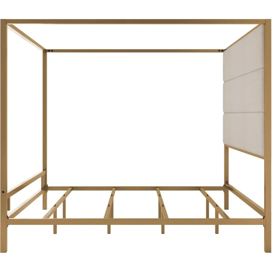 Gold Canopy Bed with Linen Headboard