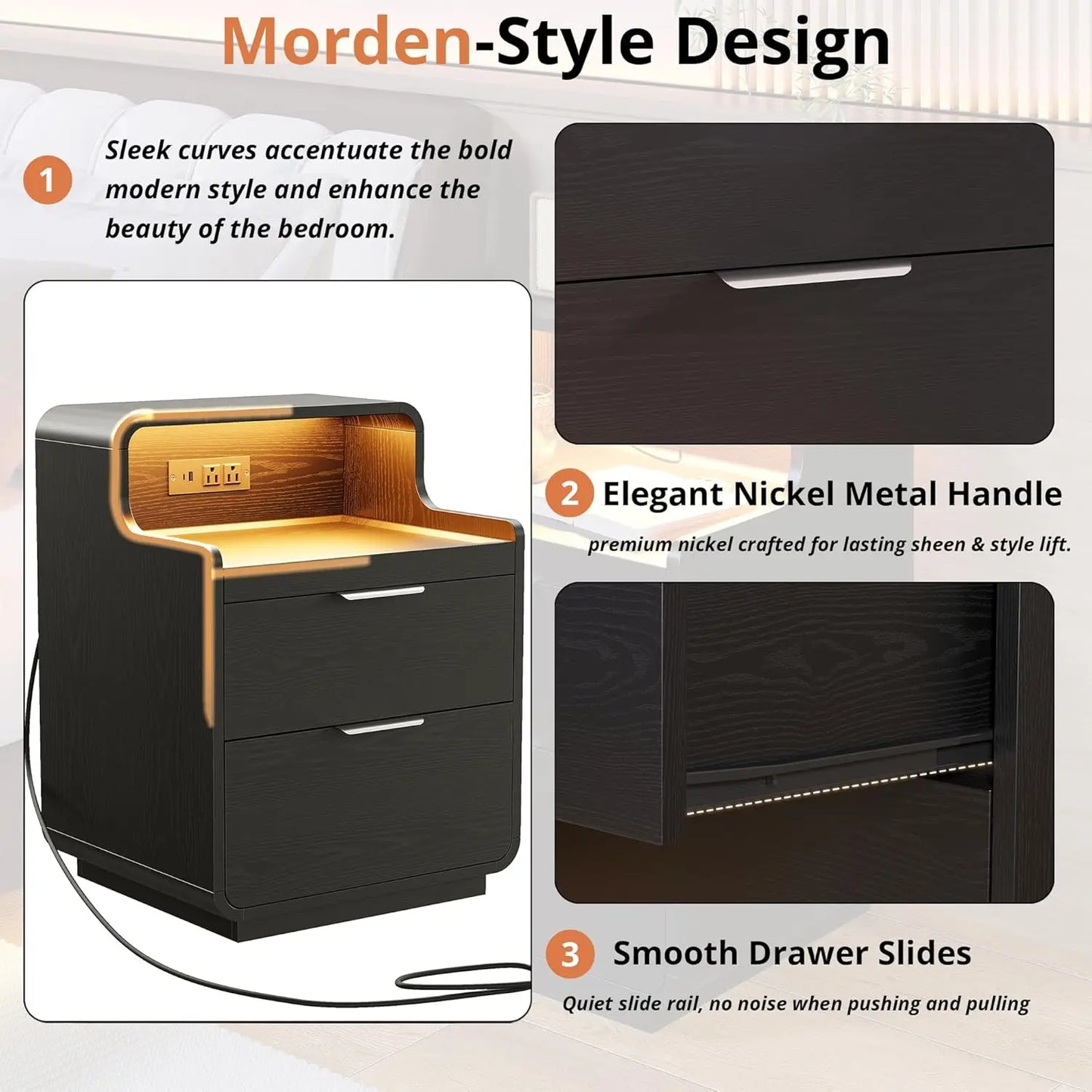 LIKIMIO Nightstand with Charging Station