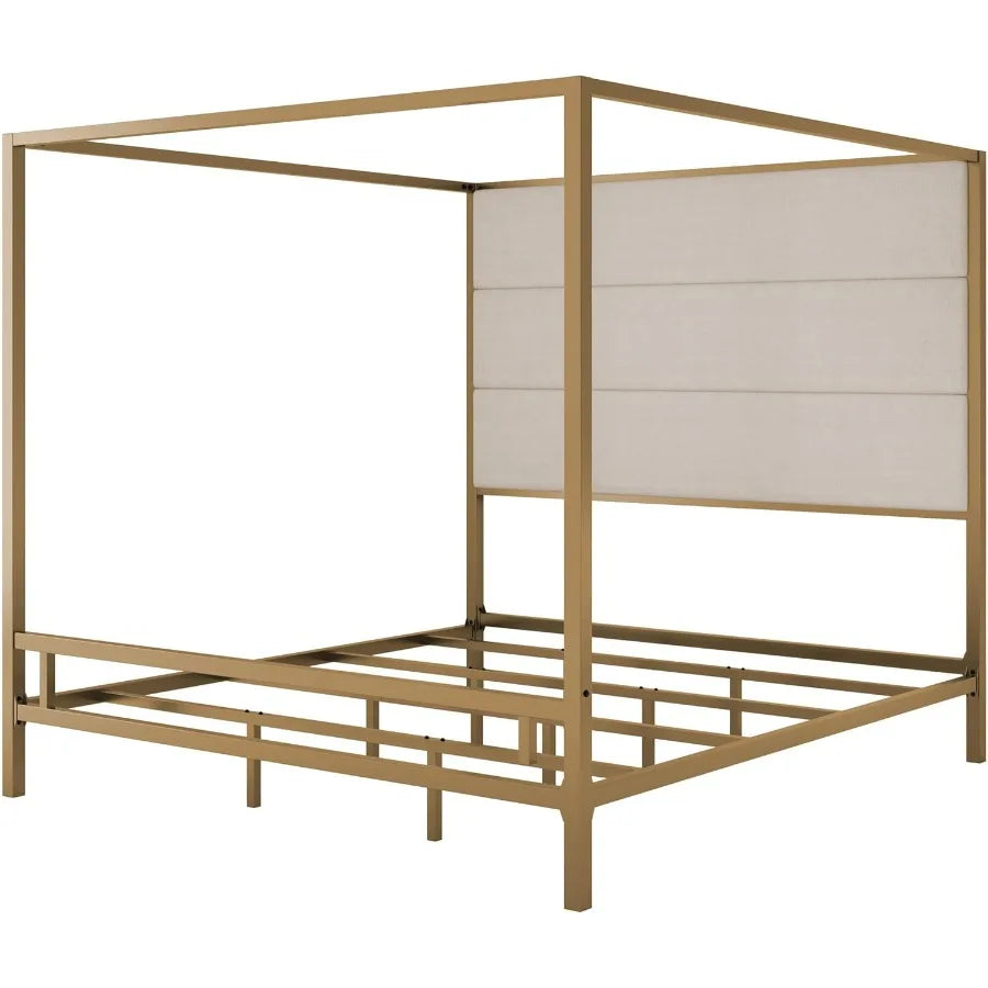 Gold Canopy Bed with Linen Headboard
