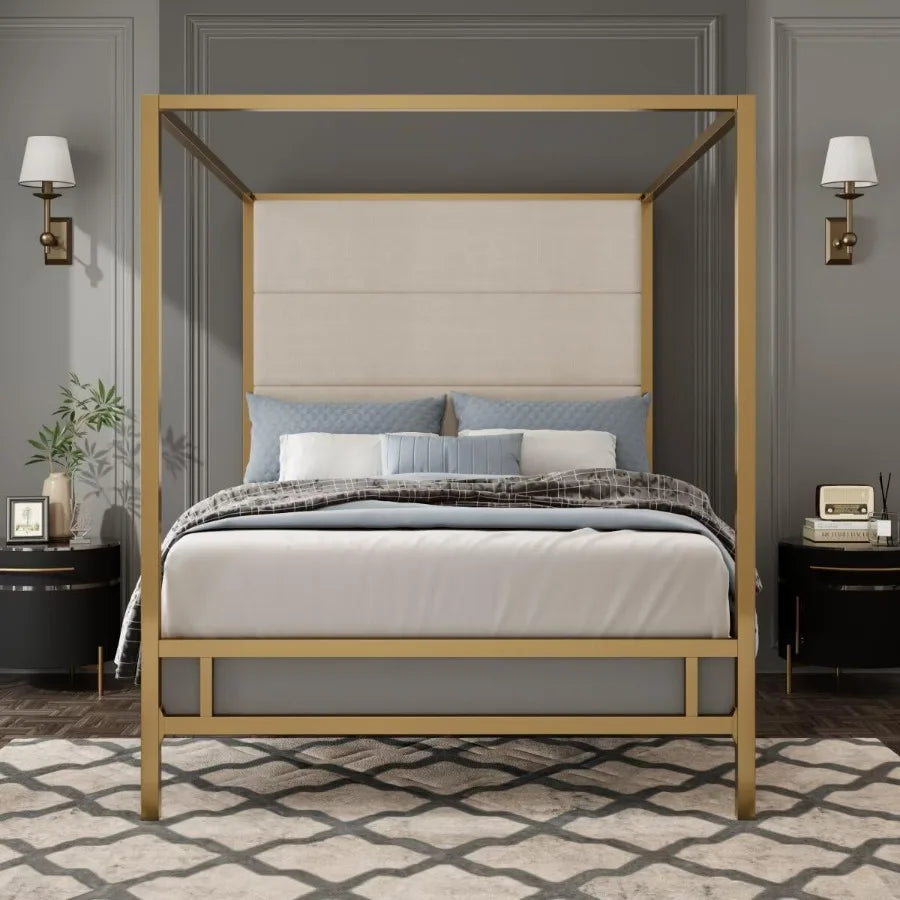 Gold Canopy Bed with Linen Headboard