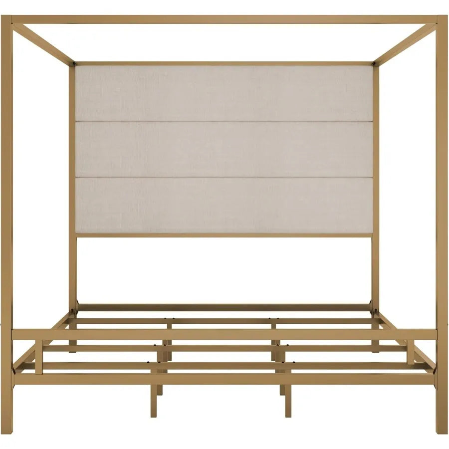 Gold Canopy Bed with Linen Headboard
