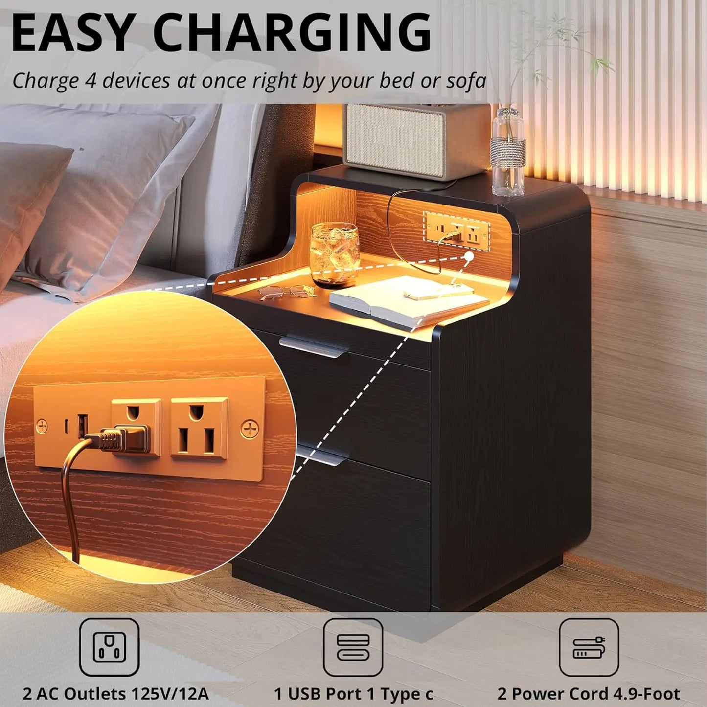 LIKIMIO Nightstand with Charging Station