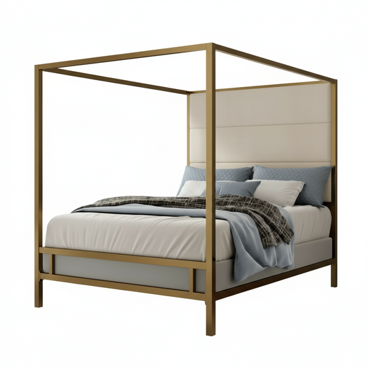 Gold Canopy Bed with Linen Headboard