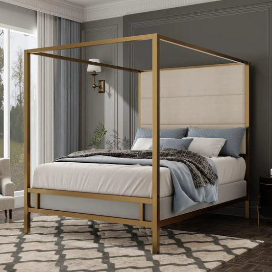 Gold Canopy Bed with Linen Headboard